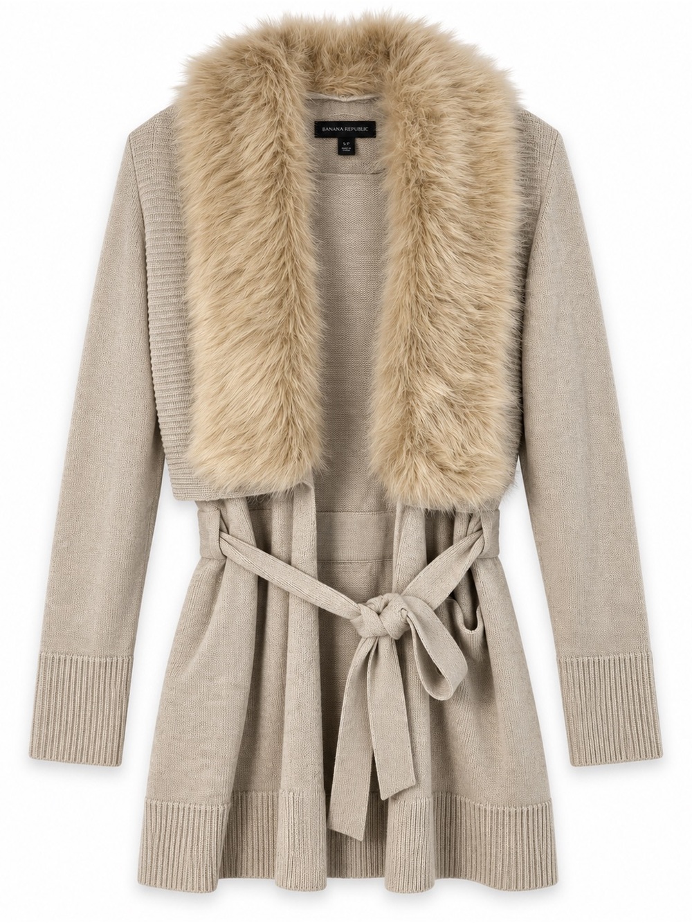 Banana Republic Faux Fur-Collar Tie-Waist Wool Blend Cardigan – Greige, Size S/P
